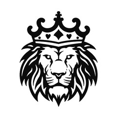 black and white vector logo of a lion head wearing a crown, on a minimalist background