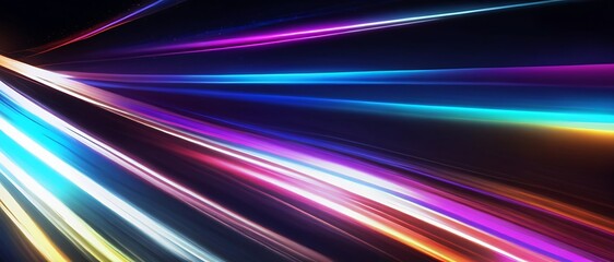 Abstract colorful light lines against a dark background, speed and motion of light spread, curved neon lines