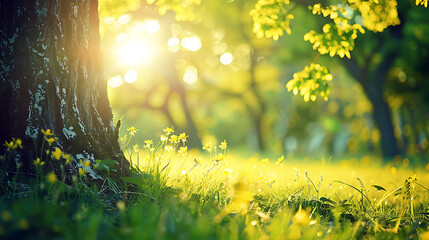 Obraz premium The sun is setting in the park. There were trees and flowers and grass, and there was weak sunlight shining through. The surroundings are calm and warm.