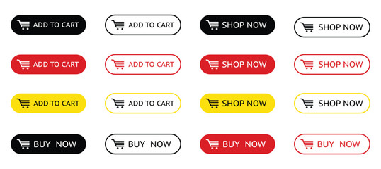 Set of Shop Now, Buy Now, Add to Cart Button with Cart Icon Isolated on White Background