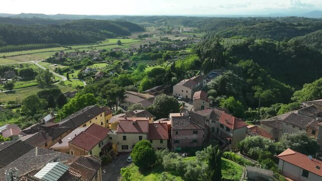 Panoramic View Of Mountaintop Medieval Town Of Lorenzana near Pisa, Italy. Hyperlapse