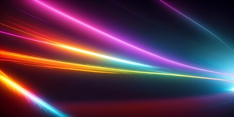 Abstract colorful light lines against a dark background, speed and motion of light spread, curved neon lines