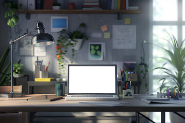 Digital workspace with laptop and office supplies on desk, 3D render