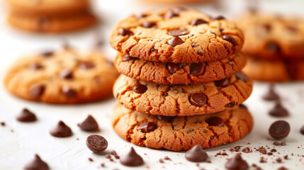 Dark chocolate chip cookies, stack and crumbs set on white background close up, delicious bakery, organic homemade american sponge cake, sweet dessert.