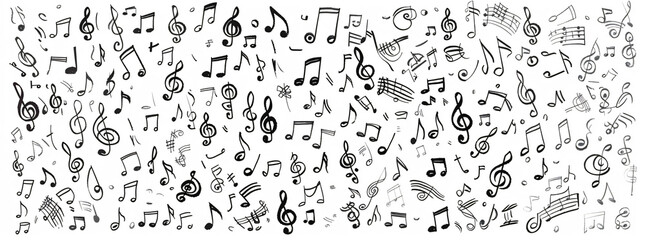 Big set of music notes, musical symbols illustration on white background. Black and white vector design with various types of simple musical notations. Hand drawn doodle art for design elements