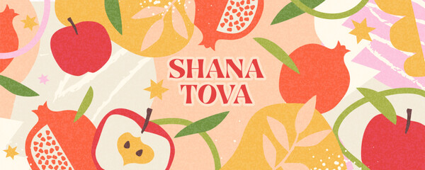 Rosh Hashana, Rosh Hashanah, Jewish New Year greeting card, cover, holiday web banner, poster. Hand drawn illustration design template with apple and pomegranate pattern in trendy modern art style