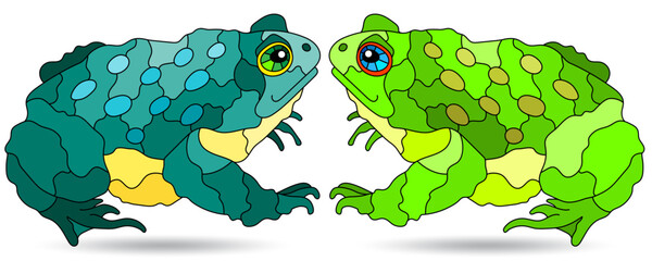 A set of illustrations in the style of stained glass with toads , animals isolated on a white background