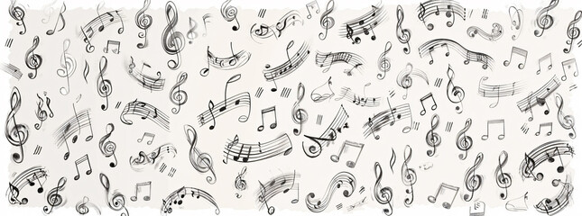 Fototapeta premium Big set of music notes, musical symbols illustration on white background. Black and white vector design with various types of simple musical notations. Hand drawn doodle art for design elements