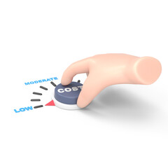 Transparent Backgrounds Mock-up.Flat 3d isometric businessman hand turn cost dial to low position. Cost reduction management concept.Supports PNG files with transparent backgrounds.