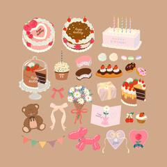 Vector set of happy birthday vector elements. Birthday Cakes, Flowers , symbols of celebration.	