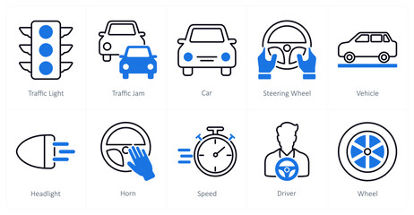 A set of 10 Car icons as traffic light, traffic jam, car