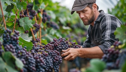A farmer carefully picking a ripe bunch of grapes in a verdant vineyard, demonstrating the detail-oriented and laborious process of grape harvesting and viticulture.