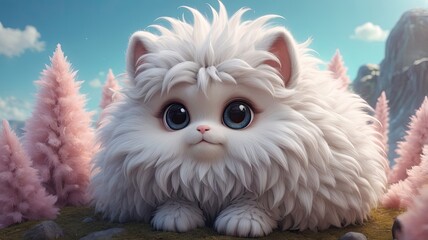 Obraz premium Adorable fluffy white creature in a fantasy landscape, cute mythical monster with big eyes, whimsical winter scene with pink trees
