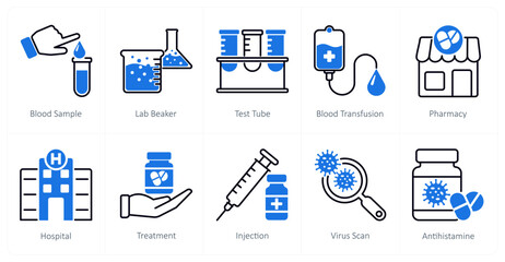 A set of 10 Medical icons as blood sample, lab beaker, test tube