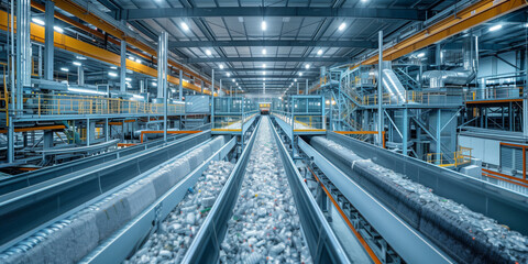 Fototapeta premium Conveyor belts transporting recycled materials in a modern factory