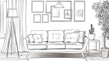 Hand-drawn single-line artwork of a modern living room with a sofa, lamp, plant, and photo frames. Editable stroke and doodle vector design.