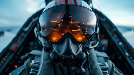 Fototapeta premium Jet fighter pilot with reflective helmet visor 
