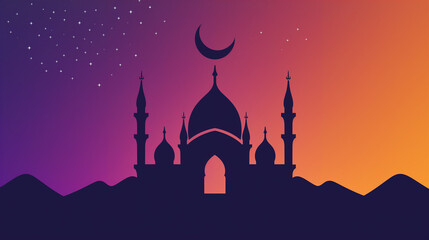 Mosque silhouette with crescent moon at sunset
