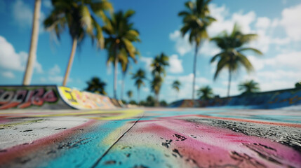 Colorful graffiti skate park with palm trees
