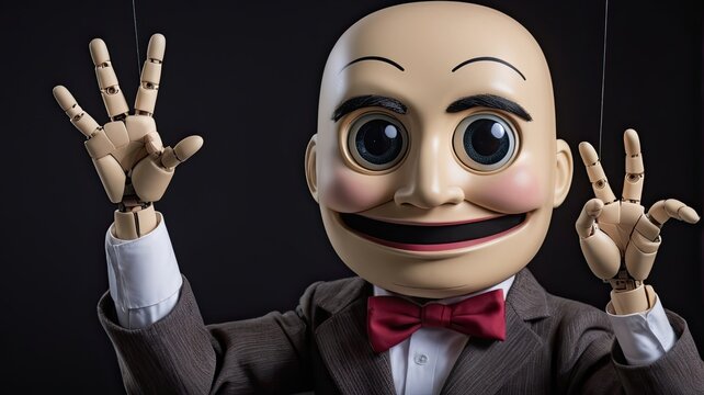 Creepy ventriloquist dummy in suit, vintage wooden marionette puppet with strings, eerie bald doll character on black background