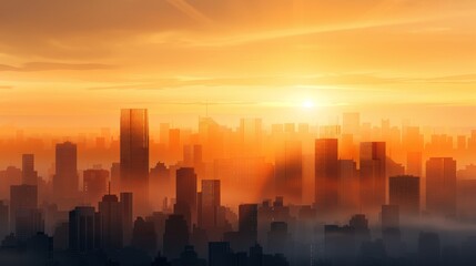 Fototapeta premium A bustling cityscape illuminated by the golden glow of the setting sun, casting long shadows and creating a warm, inviting atmosphere in watercolor style