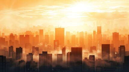 Obraz premium A bustling cityscape illuminated by the golden glow of the setting sun, casting long shadows and creating a warm, inviting atmosphere in watercolor style
