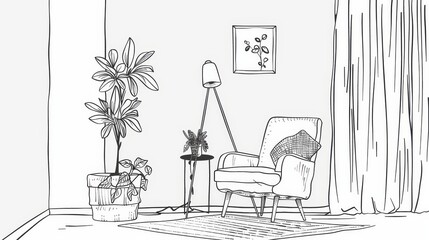 One-line drawing of a living room with modern furniture: armchair, plant, floor lamp, carpet. Editable stroke. Hand-drawn contour. Flower in a pot. Doodle vector.