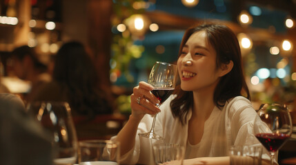 友達とワインを飲むアジア人女性
