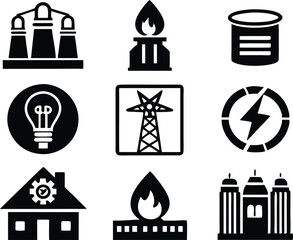 set of  Public utilities  icons illustration. communication, logo, equipment, housing, technology, cost, fire, recycling