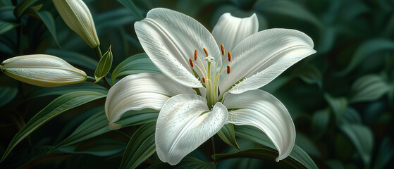 Fototapeta premium A close-up of a white lily with its stamen prominently displayed, surrounded by a backdrop of dark green leaves