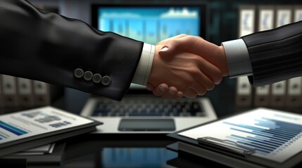  High Net Worth Individual and Advisor Shaking Hands with Financial Planning Elements in Background