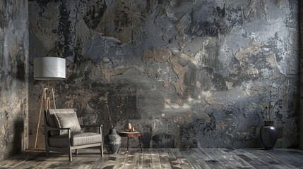 Wabi-sabi style interior with chair, table, vase, and floor lamp against a textured wall. 3D rendering.