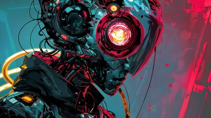 Close-up view of a futuristic robot face with glowing eyes.