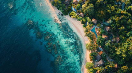 Aerial view of a luxury tropical island resort with bungalows and clear blue sea