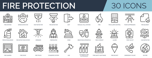 Set of 30 outline icons related to fire protection. Linear icon collection. Editable stroke. Vector illustration © SkyLine