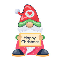 A cute gnome holding happy christmas board, flat icon 

