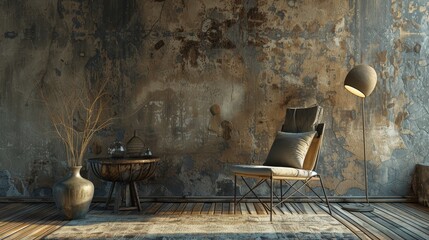 Wabi-sabi style interior with chair, table, vase, and floor lamp against a textured wall. 3D rendering.