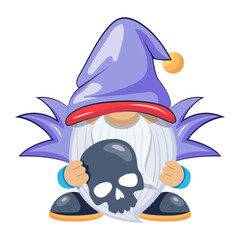 A flat style mascot of scary gnome with a skull

