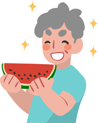 両手に西瓜を持つシニア男性のイラスト