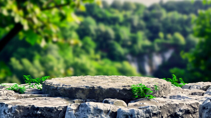 Fototapeta premium Stone podium with lush green plants standing on a rock with a blurred forest in the background