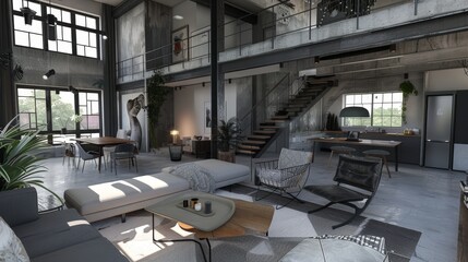 A spacious loft-style living room with a modern industrial aesthetic, rendered in 3D.