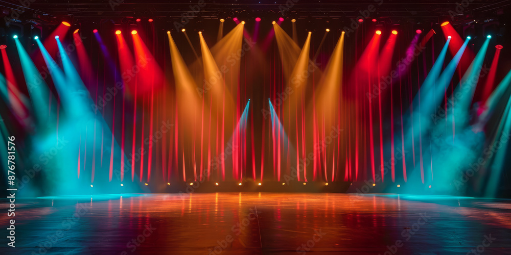 Wall mural banner background of an empty stage with colorful spotlights and copy space