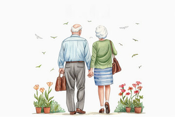 An elderly couple walking hand-in-hand through a garden, surrounded by flowers.  Their backs are turned to the viewer.