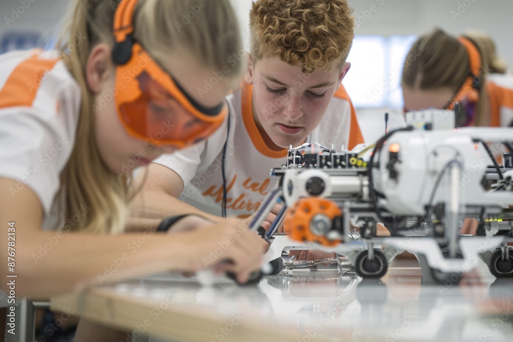 Poster documentary photography of a mixed-gender team of students testing and refining their robot, capturi
