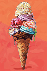 cartoon style an ice cream cone with lots of different flavours