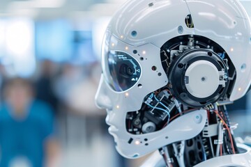 Fototapeta premium Editorial Photography of a robotics project showcase, capturing the detailed and intricate designs of the robots created by students, with a professional and polished look that emphasizes the