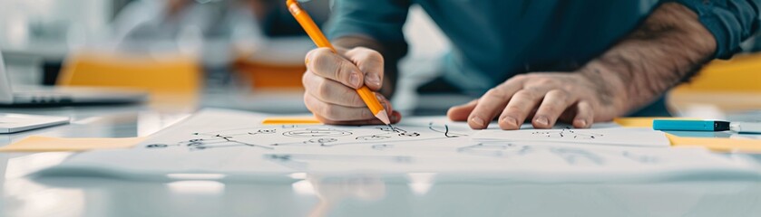 Documentary Photography of students brainstorming and planning a robotics project, featuring close-ups of sketches and designs, as well as the dynamic interaction among team members, in a creative