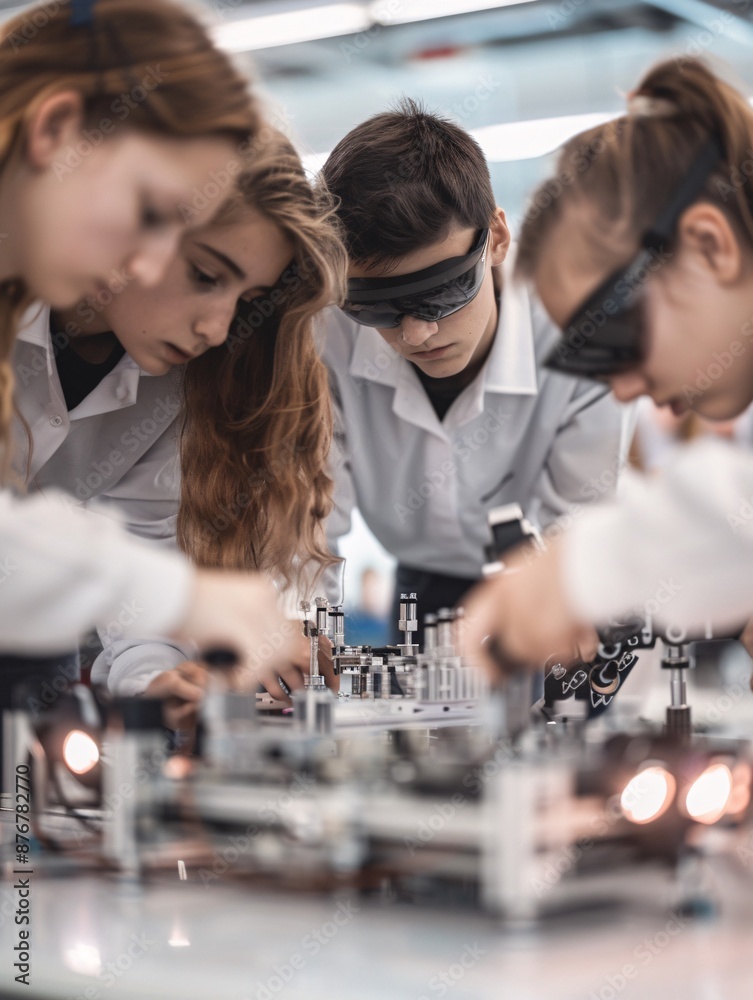 Poster documentary photography of a mixed-gender team of students testing and refining their robot, capturi