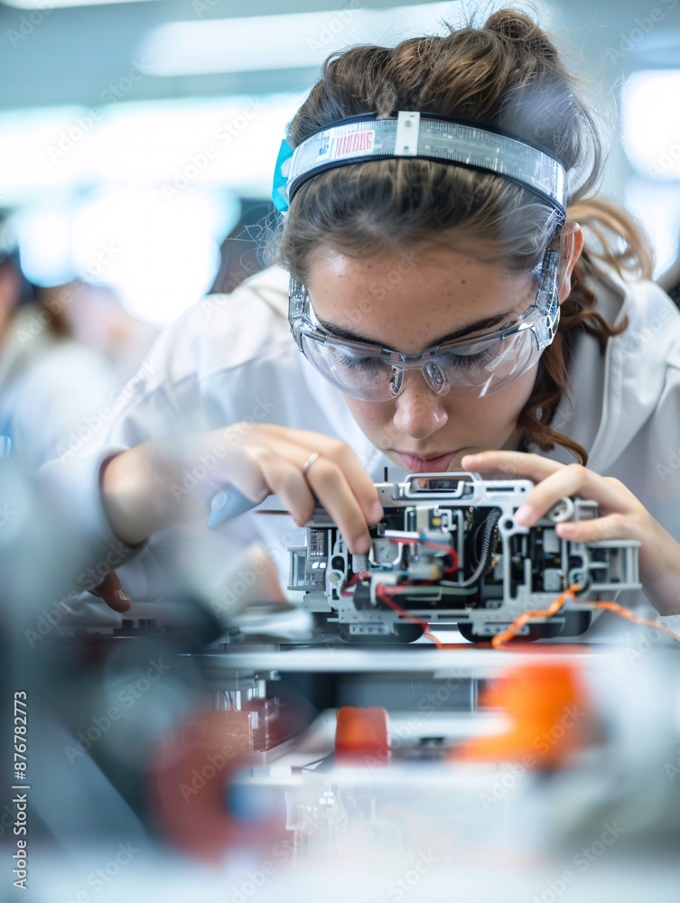 Poster documentary photography of a mixed-gender team of students testing and refining their robot, capturi