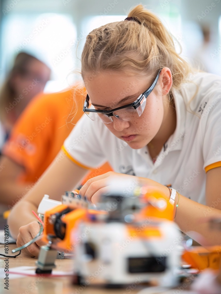 Poster documentary photography of a mixed-gender team of students testing and refining their robot, capturi